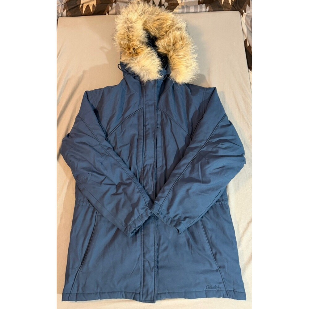 Cabela's Jacket Womens Medium Blue Gore-Tex Thinsulate Hooded Coyote Fur Parka